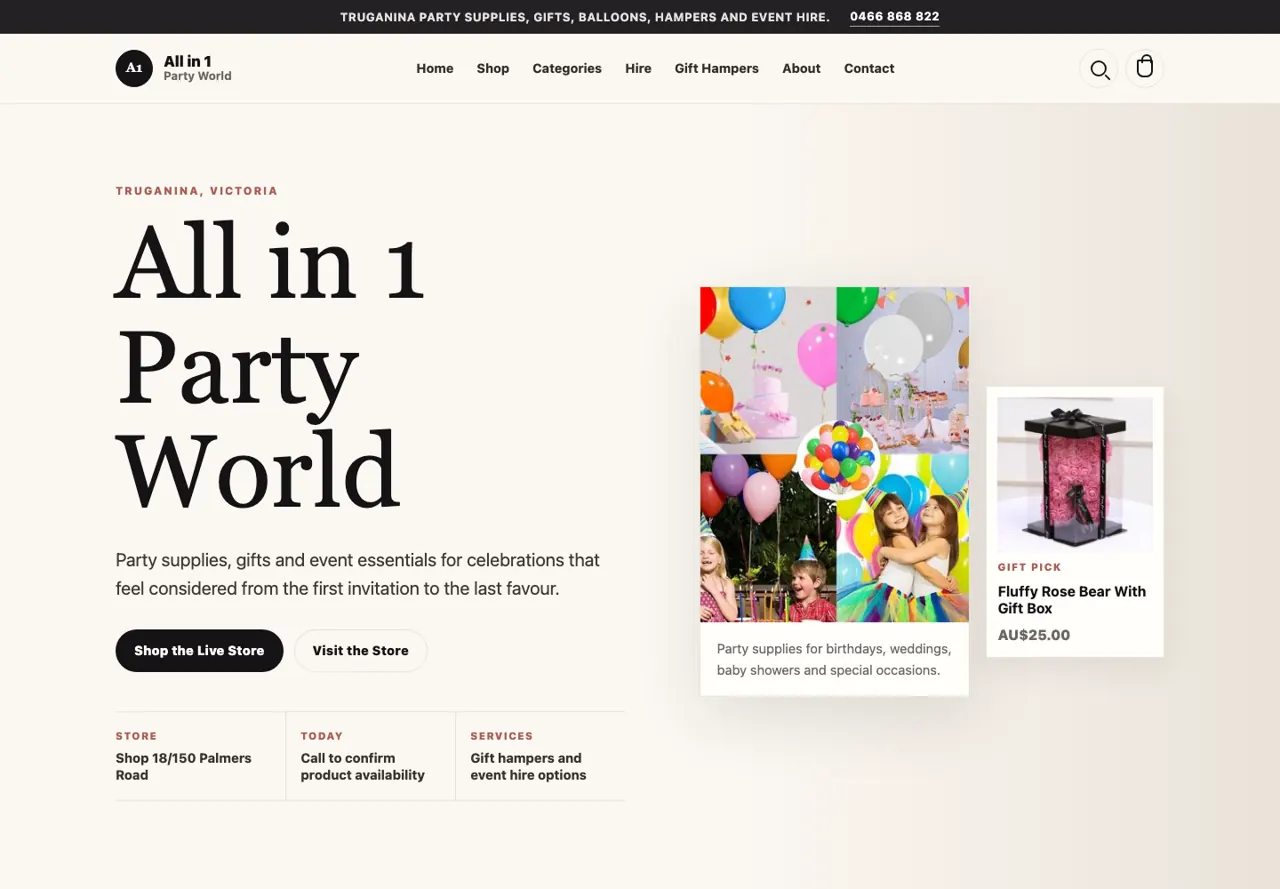 Page d’accueil du site All In 1 Party World