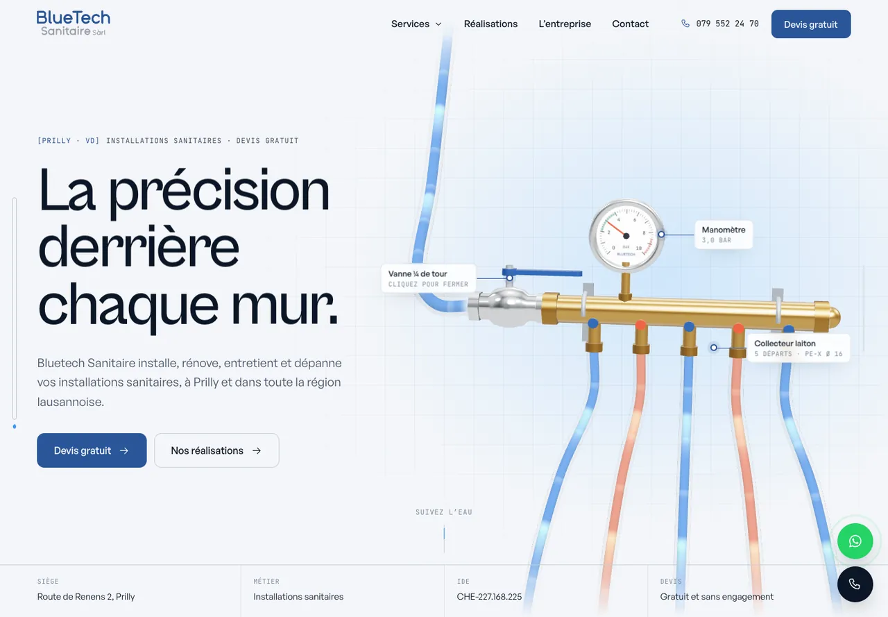 Page d’accueil du site Bluetech Sanitaire, réalisé par Next Digital Level
