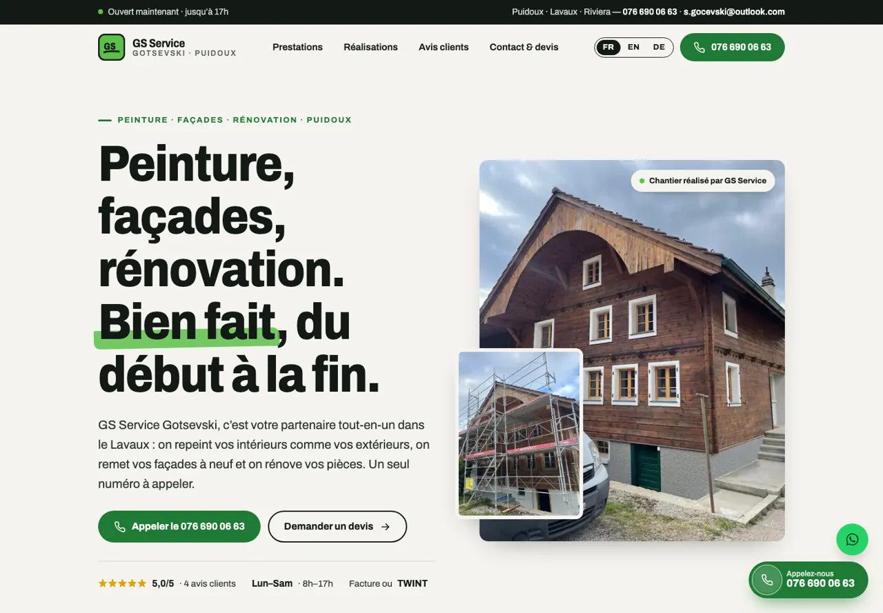 Page d’accueil du site GS Service Gotsevski, réalisé par Next Digital Level
